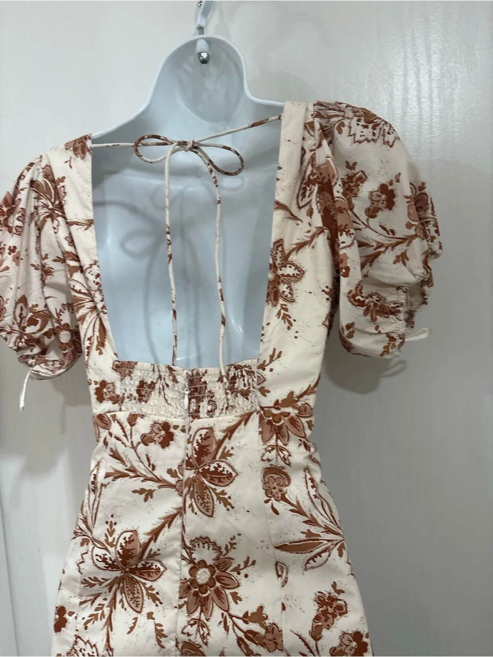 Bohemian cottagecore Ivory and Brown Floral V-Neck Puff Sleeve Dress
